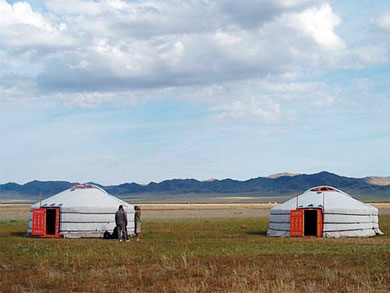 Image of two Yert houses on the Mongolian Steppe