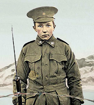 Drawing of a young soldier: detail from book cover illustration