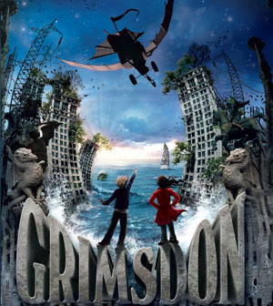 Detail from Grimsdon cover with flying machine over skyscrapers in the sea