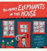Book cover with a boy outside a house full of elephants