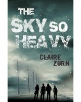 Book cover with a group of four people under a dark cloudy sky