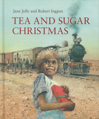 Girl holding a gift and a steam train arriving on cover