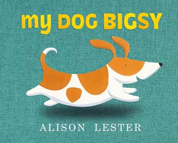 A ginger and white dog (Bigsy) running against  turquoise fabric on cover