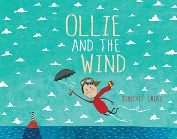 Ollie flying over water, propeled by the umbrella he holds, on cover