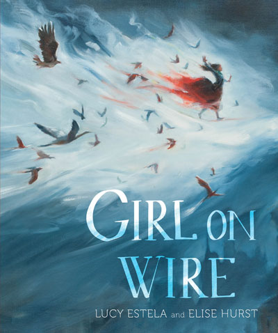 A girl with birds in a wild sky on the cover