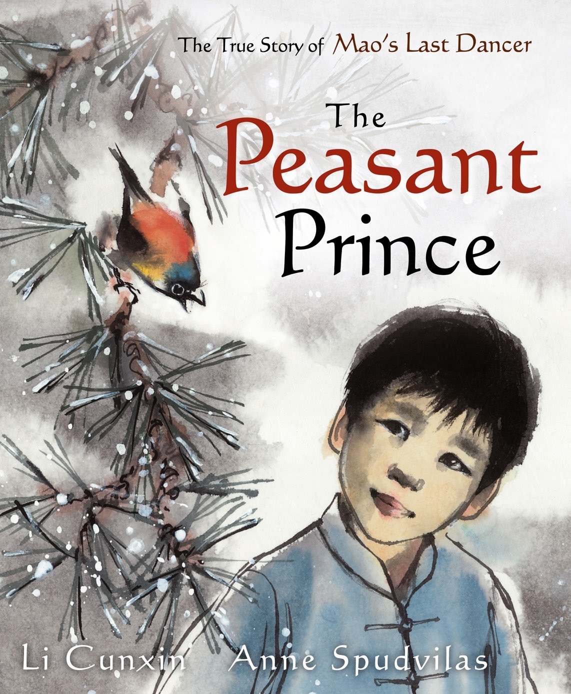 Boy observing a robyn in a snowy tree on the cover of The Peasant Prince