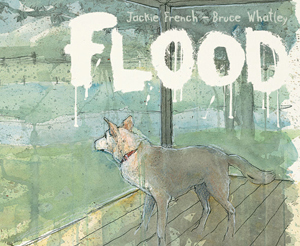 Flood cover with a dig looking out a window to flood