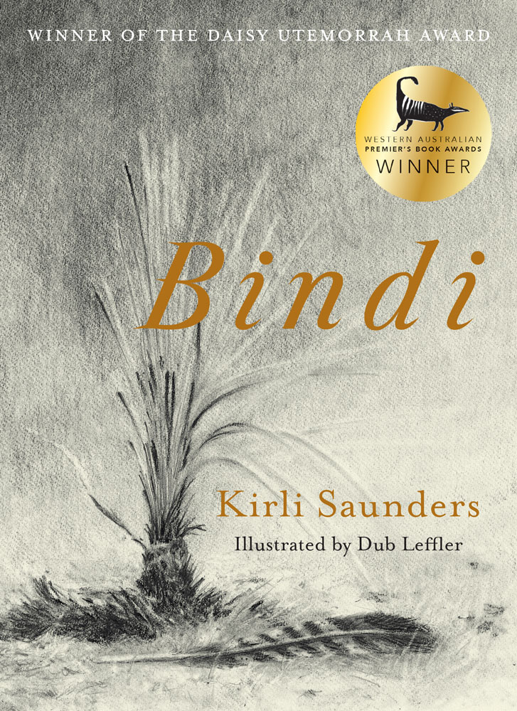 Botanical sketch with a single feather on the cover of Bindi