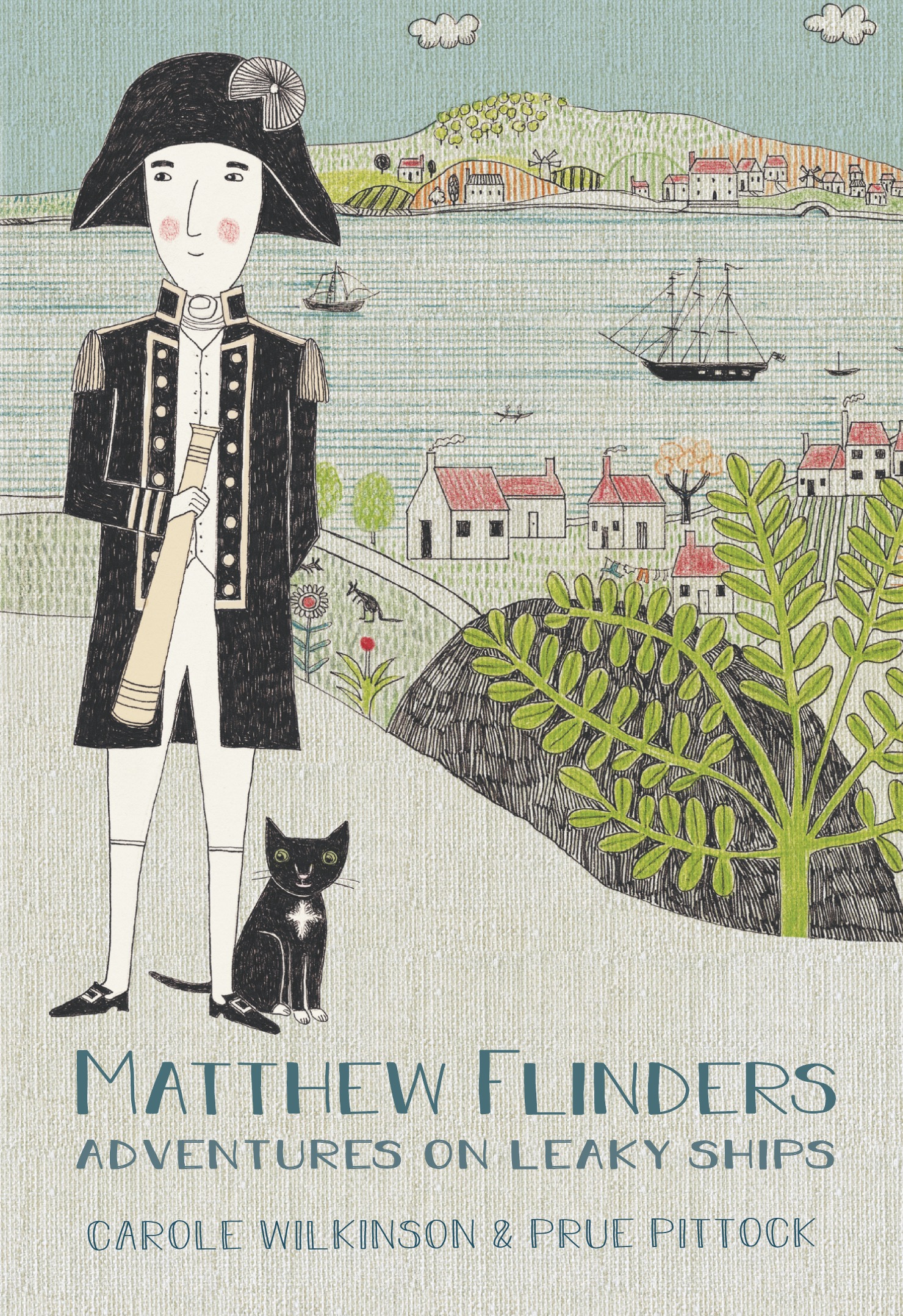 Mathew Flinders and his cat onshore on book cover