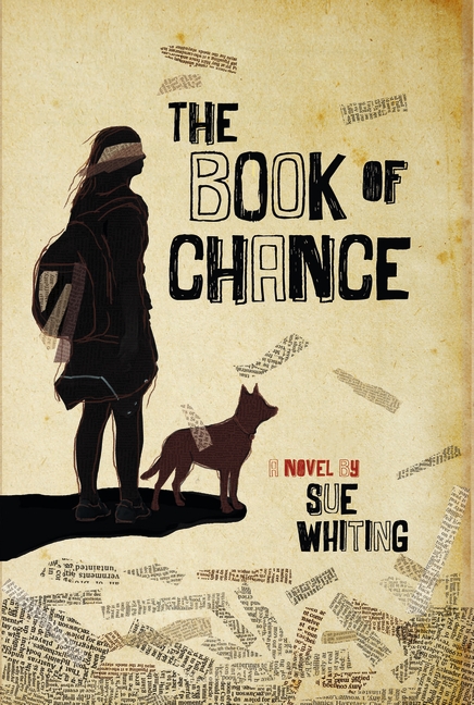 A sillhouette of a girl and dog on a lookout ledge on the cover of the Book of Chance