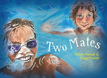 Illustration of children swimming together inthe cover of the book Two Mates